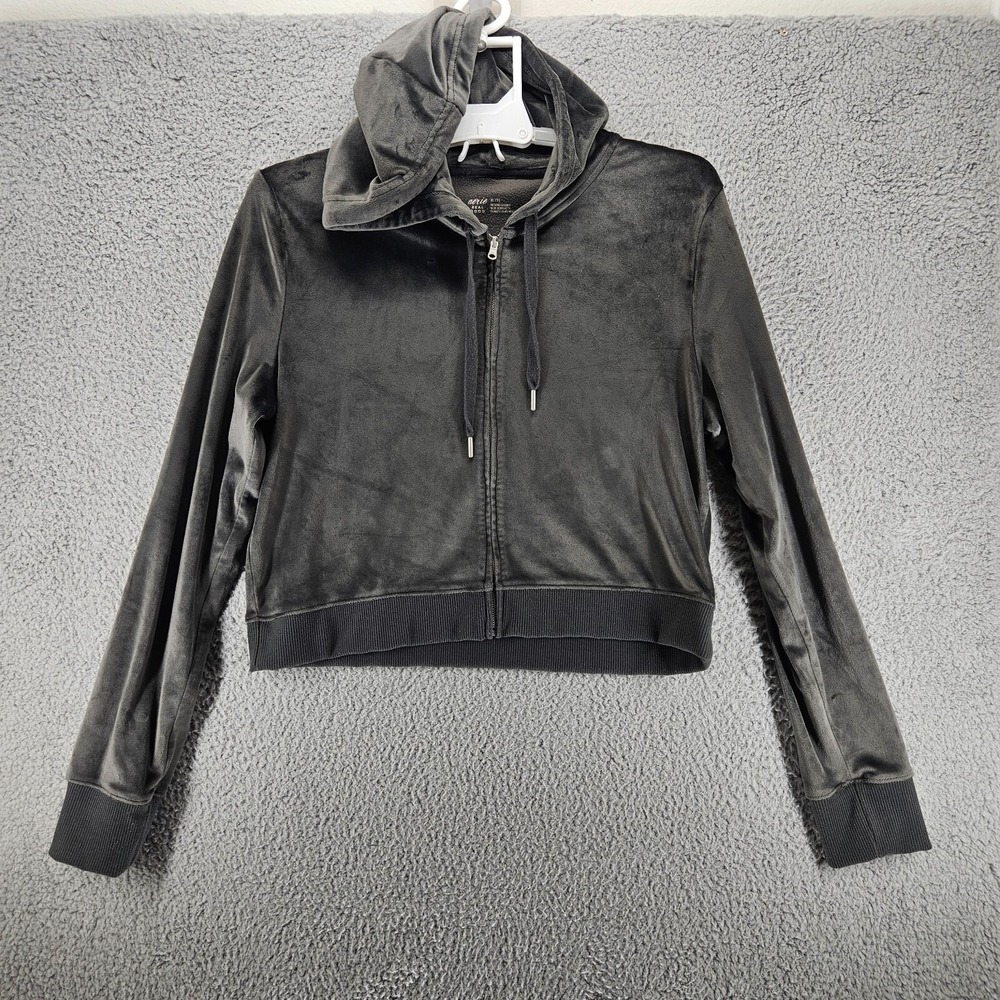 Aerie Real Good Velour Cropped Full Zip Hoodie Charcoal Grey XL